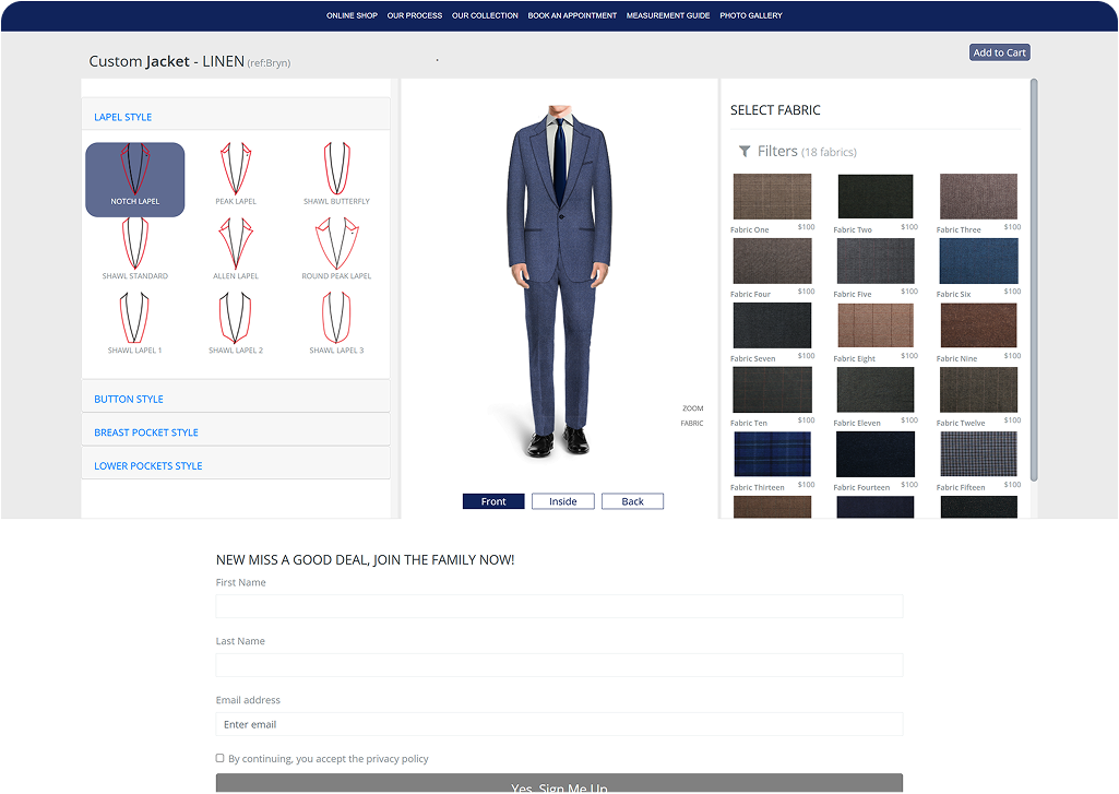 TailorCraft lets users design and order custom suits online, offering personalized fabrics, styles, and smart tools for a perfect fit and expert craftsmanship.